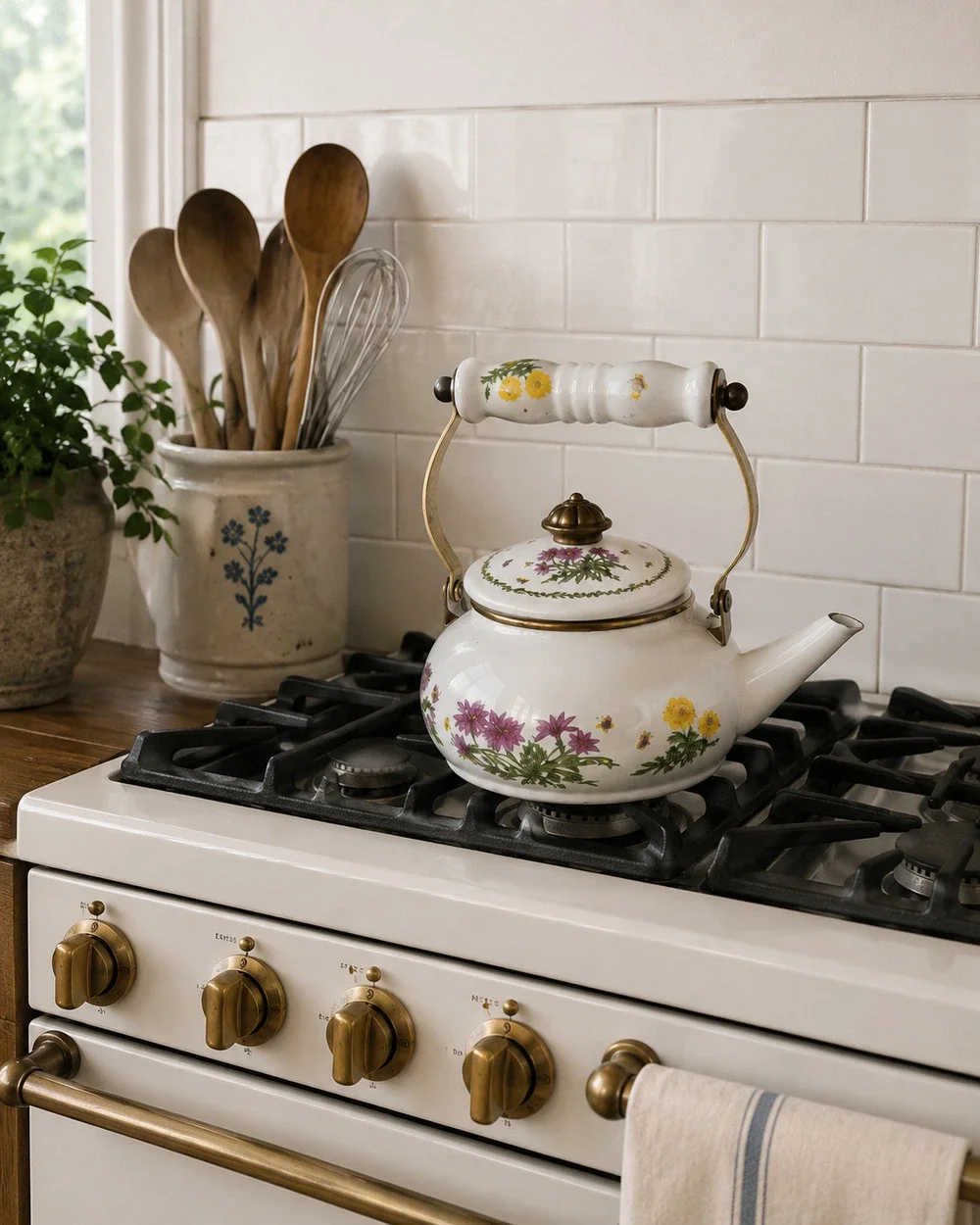 Vintage Enamel Tea Kettle Lincoln Ware Ceramic Handle Cottage Farmhouse Floral